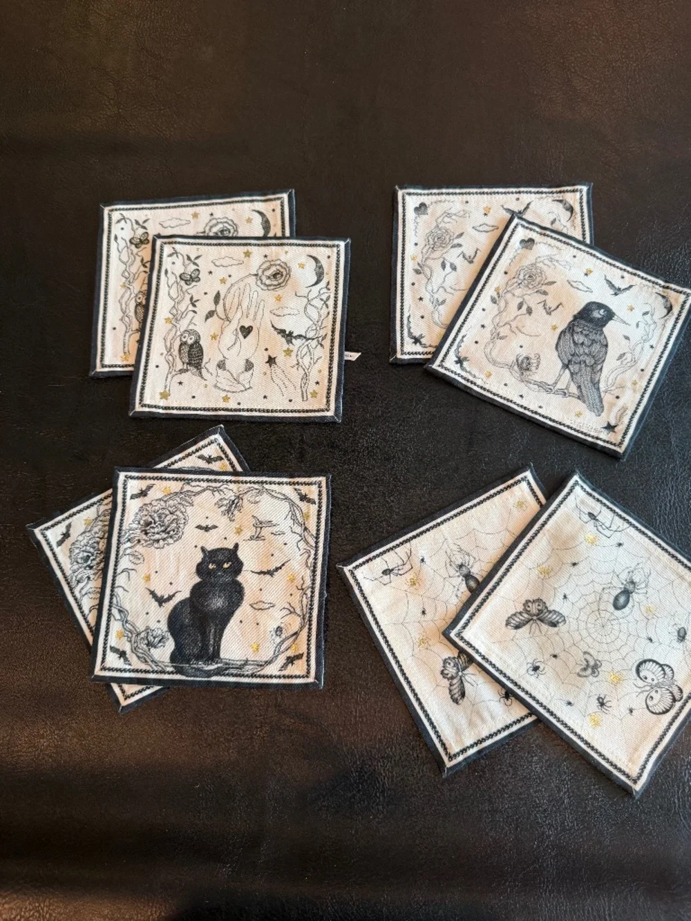 Anthropologie Cocktail Napkins Halloween Set of 8 New Cat Raven Web hand